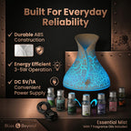 Ultrasonic Humidifier and 7 Essential Oils - Peppermint,  Jasmine, Lemongrass, Eucalyptus, Rose, Lavender, Orange (200ml) - White - Light - Dark Brown