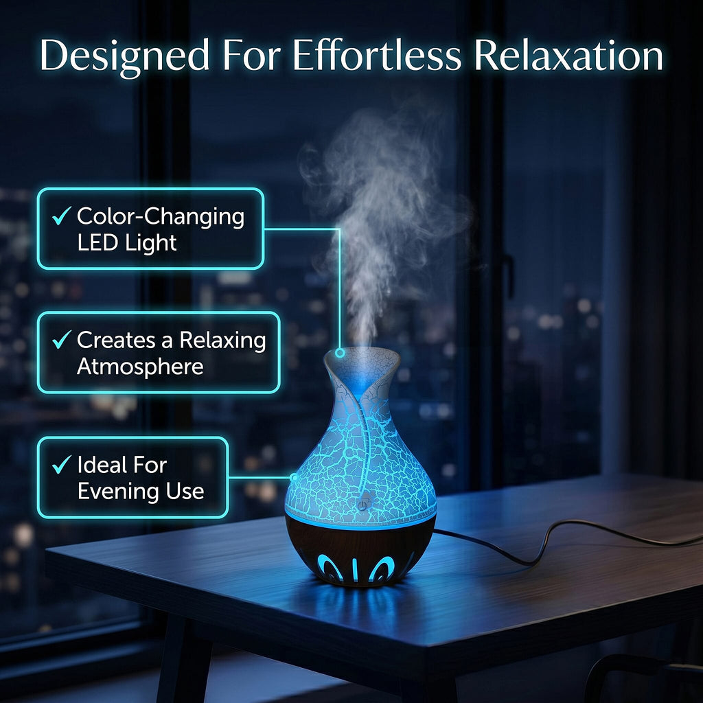 Ultrasonic Humidifier and 7 Essential Oils - Peppermint,  Jasmine, Lemongrass, Eucalyptus, Rose, Lavender, Orange (200ml) - White - Light - Dark Brown