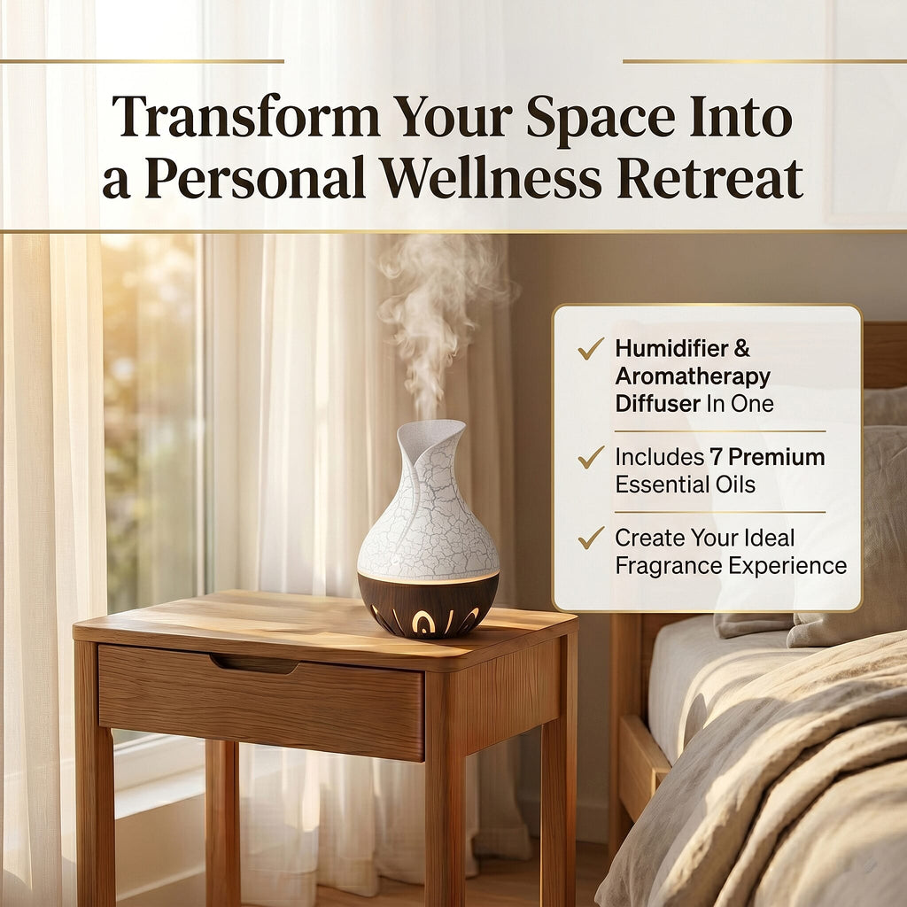 Ultrasonic Humidifier and 7 Essential Oils - Peppermint,  Jasmine, Lemongrass, Eucalyptus, Rose, Lavender, Orange (200ml) - White - Light - Dark Brown