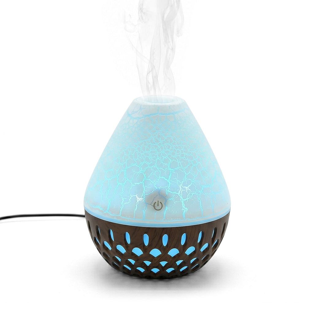 Ultrasonic Humidifier and 7 Essential Oils - Peppermint, Jasmine, Lemongrass, Eucalyptus, Rose, Lavender, Orange (200ml) - White - Light Dark Brown