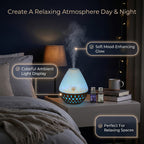 Ultrasonic Humidifier and 7 Essential Oils - Peppermint, Jasmine, Lemongrass, Eucalyptus, Rose, Lavender, Orange (200ml) - White - Light Dark Brown