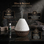 Ultrasonic Humidifier and 7 Essential Oils - Peppermint, Jasmine, Lemongrass, Eucalyptus, Rose, Lavender, Orange (200ml) - White - Light Dark Brown