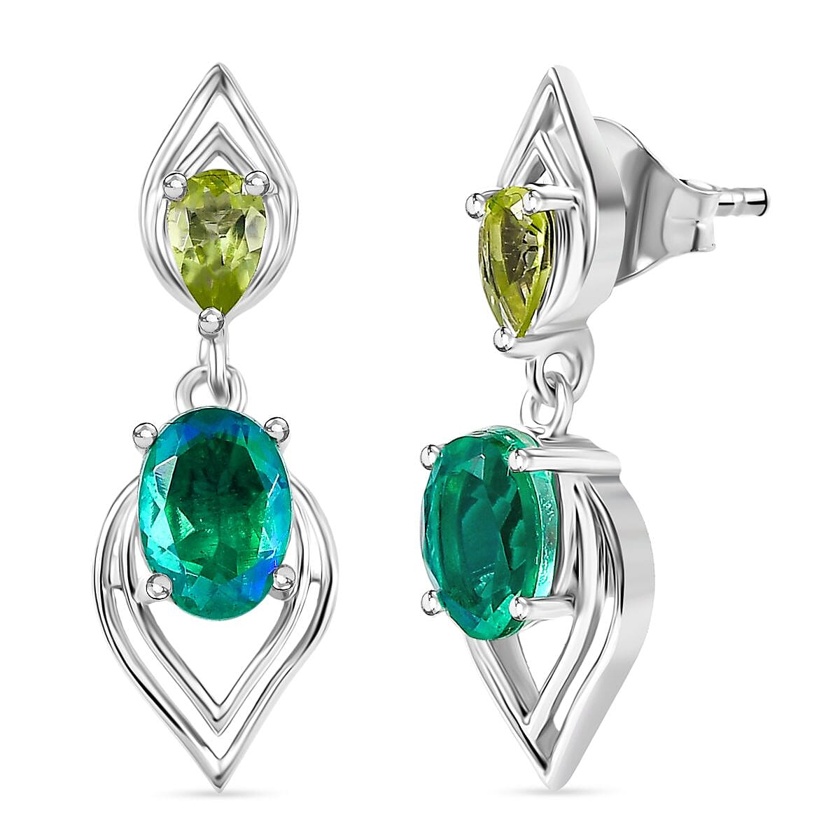 D'joy Peacock Triplet Quartz &amp; Peridot Dangling Earring with Push Back in Rhodium Overlay Sterling Silver 2.08 Ct. 8189130 0