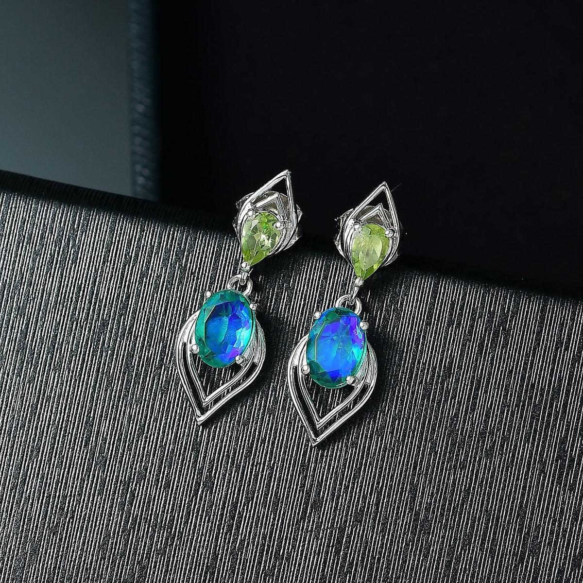 D'joy Peacock Triplet Quartz &amp; Peridot Dangling Earring with Push Back in Rhodium Overlay Sterling Silver 2.08 Ct. 8189130 2