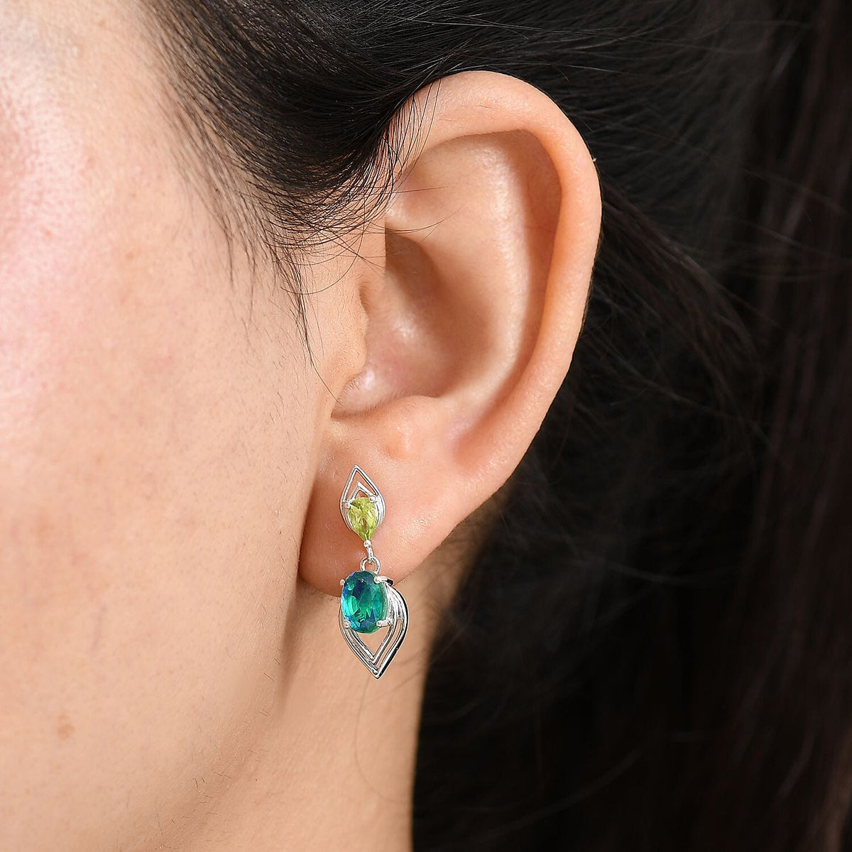 D'joy Peacock Triplet Quartz &amp; Peridot Dangling Earring with Push Back in Rhodium Overlay Sterling Silver 2.08 Ct. 8189130 3