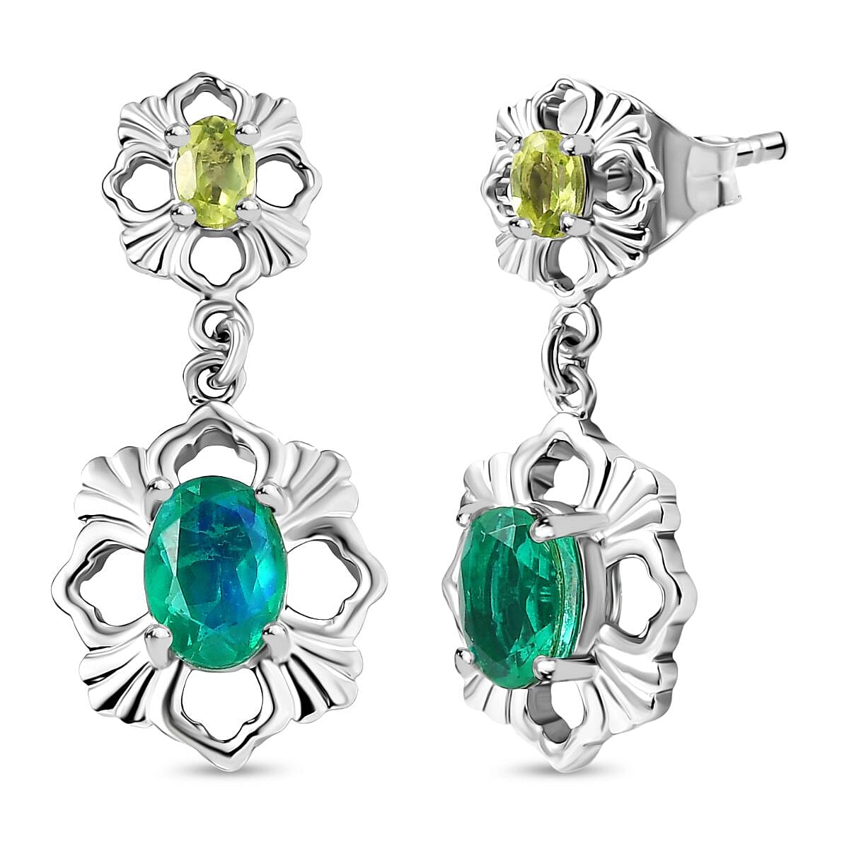 D'joy Peacock Triplet Quartz &amp; Peridot Dangling Earring with Push Back in Rhodium Overlay Sterling Silver 1.98 Ct. 8189137 0
