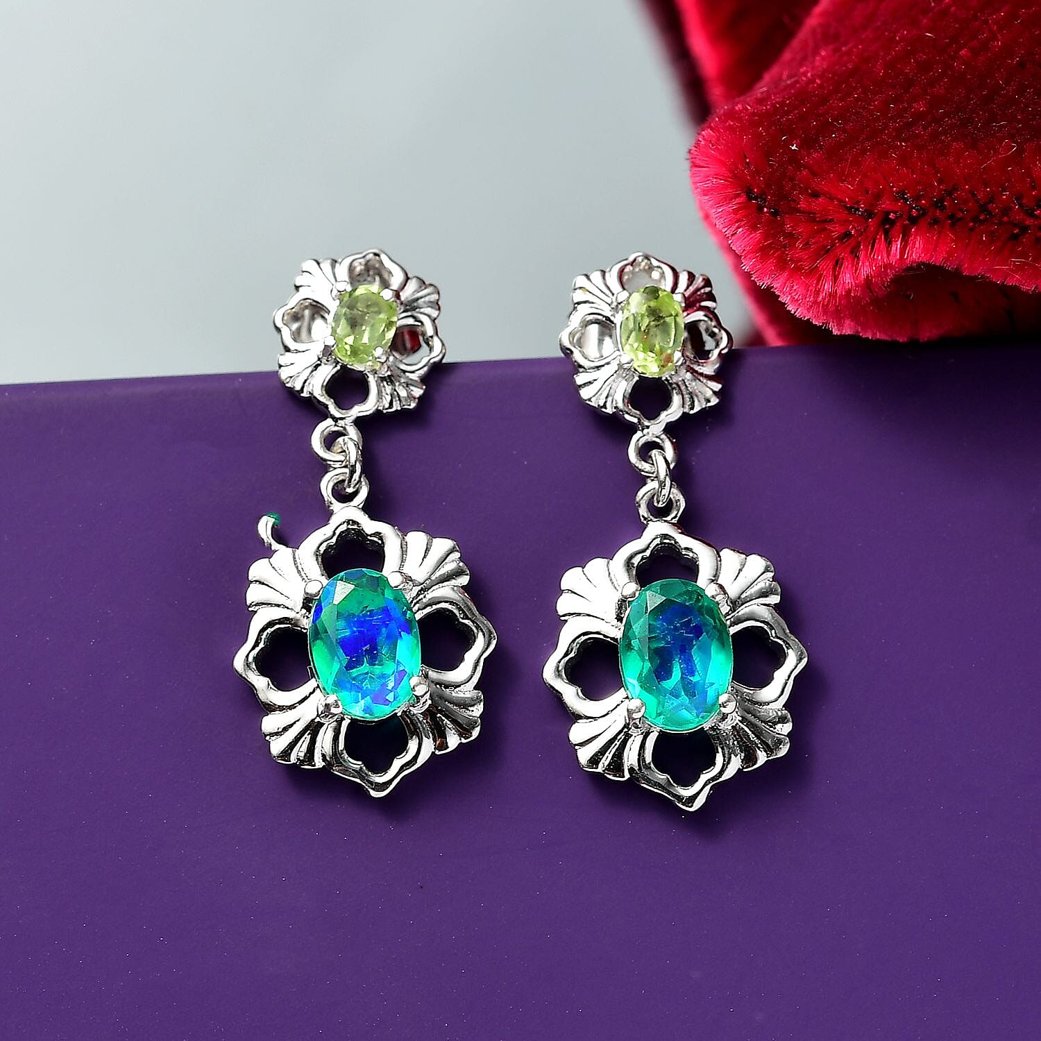 D'joy Peacock Triplet Quartz &amp; Peridot Dangling Earring with Push Back in Rhodium Overlay Sterling Silver 1.98 Ct. 8189137 2