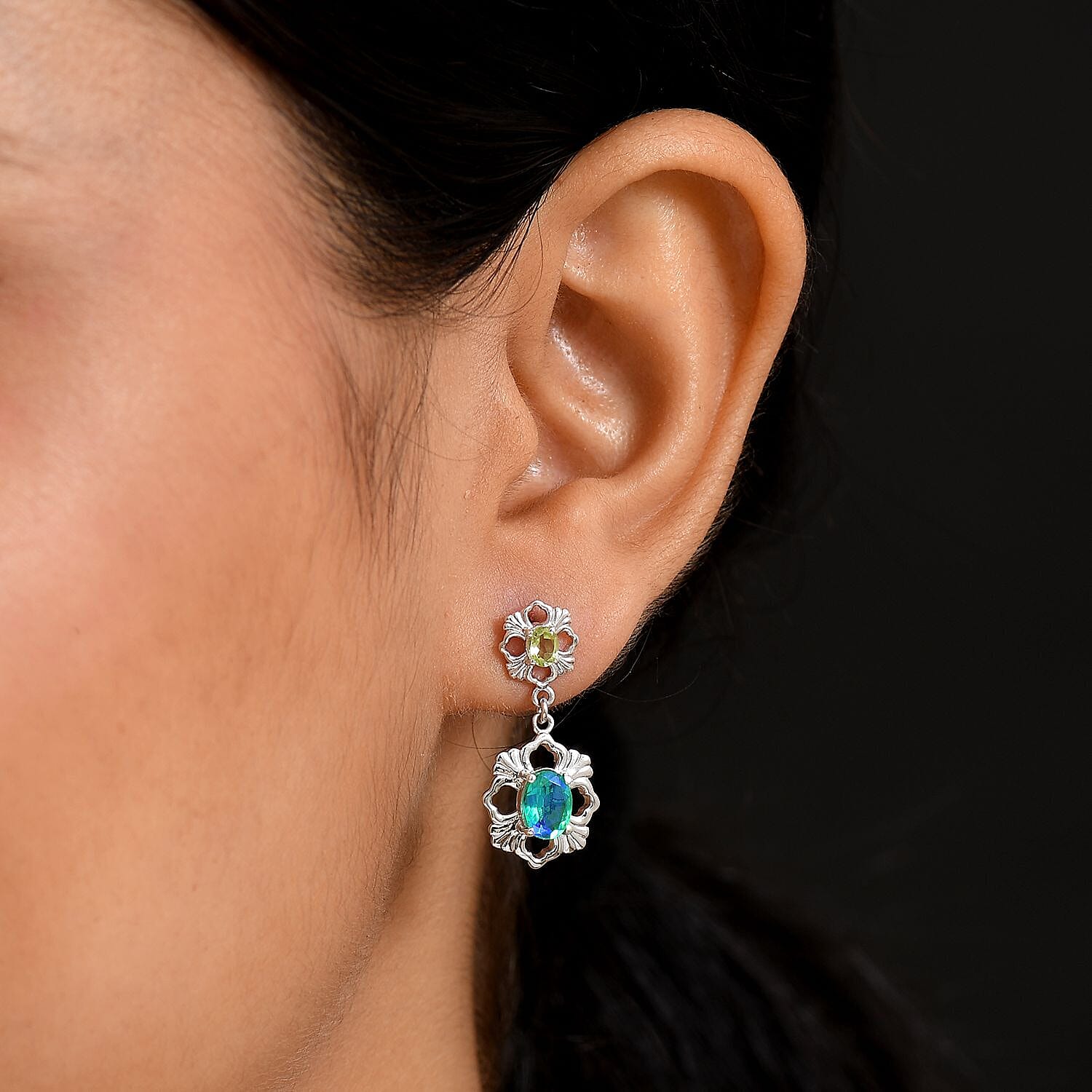 D'joy Peacock Triplet Quartz &amp; Peridot Dangling Earring with Push Back in Rhodium Overlay Sterling Silver 1.98 Ct. 8189137 3