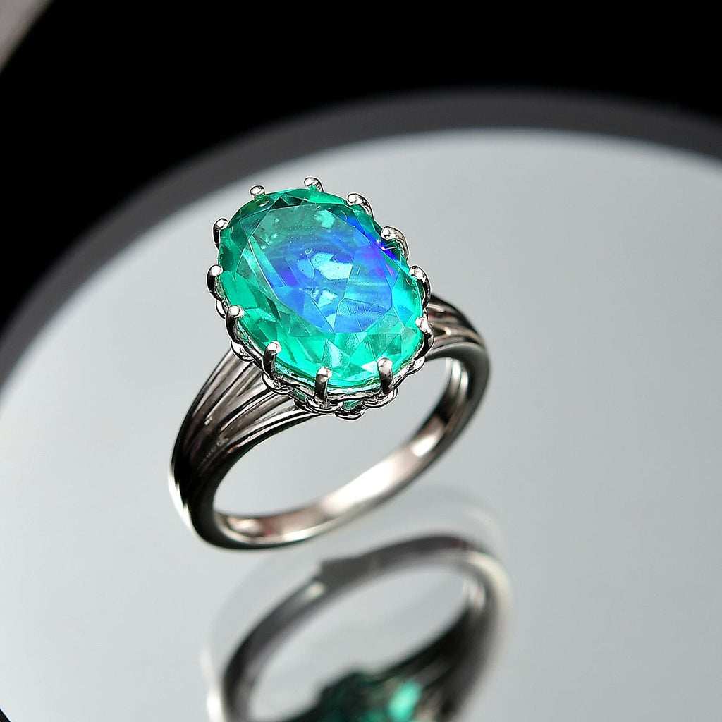 D'joy Peacock Triplet Quartz Solitaire Ring in Rhodium Overlay Sterling Silver 6.55 Ct.