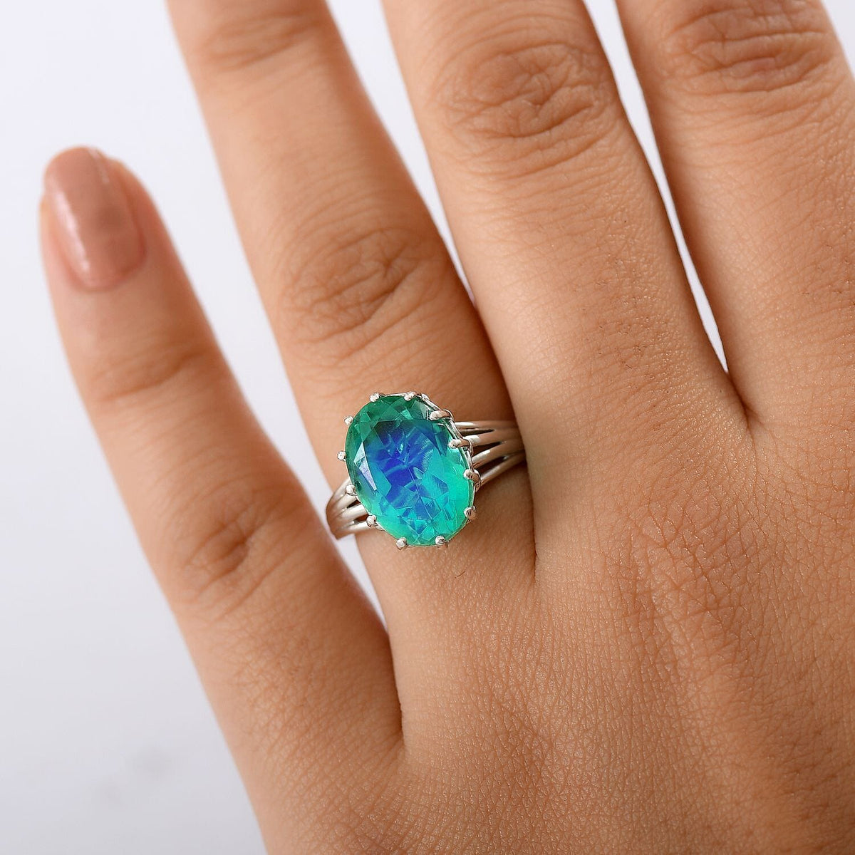 D'joy Peacock Triplet Quartz Solitaire Ring in Rhodium Overlay Sterling Silver 6.55 Ct. 8188772 3