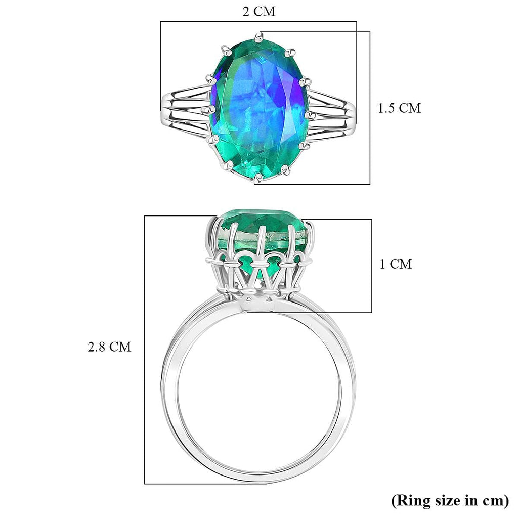 D'joy Peacock Triplet Quartz Solitaire Ring in Rhodium Overlay Sterling Silver 6.55 Ct.