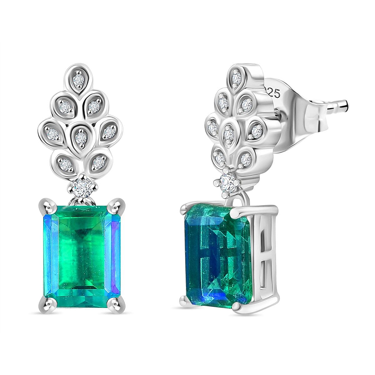 D'joy Peacock Triplet Quartz &amp; White Zircon Earring with Push Back in Rhodium Overlay Sterling Silver 4.17 Ct. 8188736 0