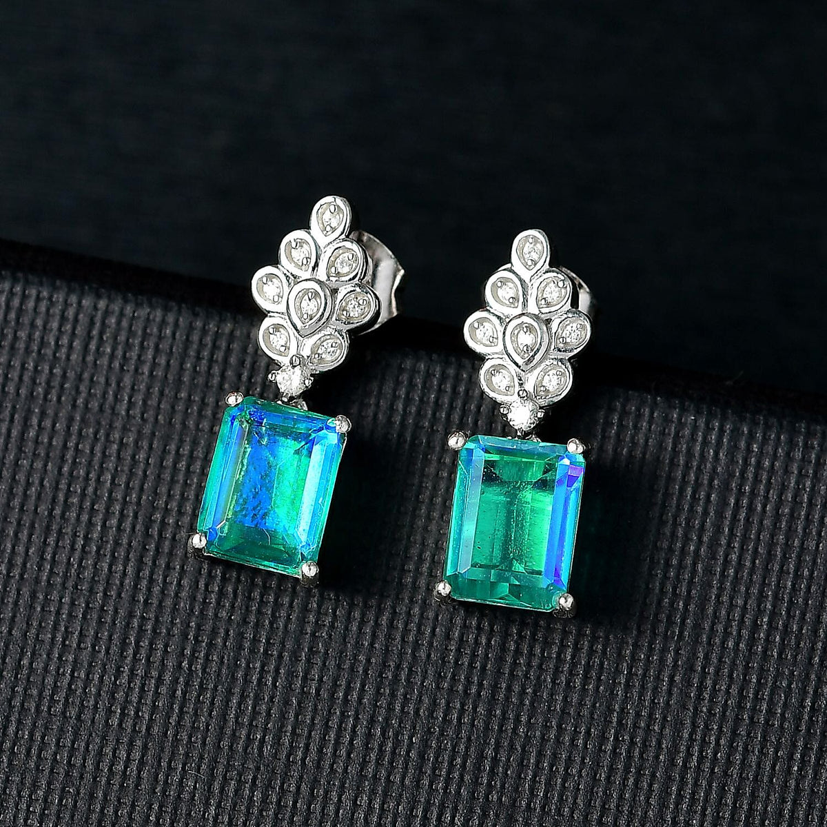 D'joy Peacock Triplet Quartz &amp; White Zircon Earring with Push Back in Rhodium Overlay Sterling Silver 4.17 Ct. 8188736 2