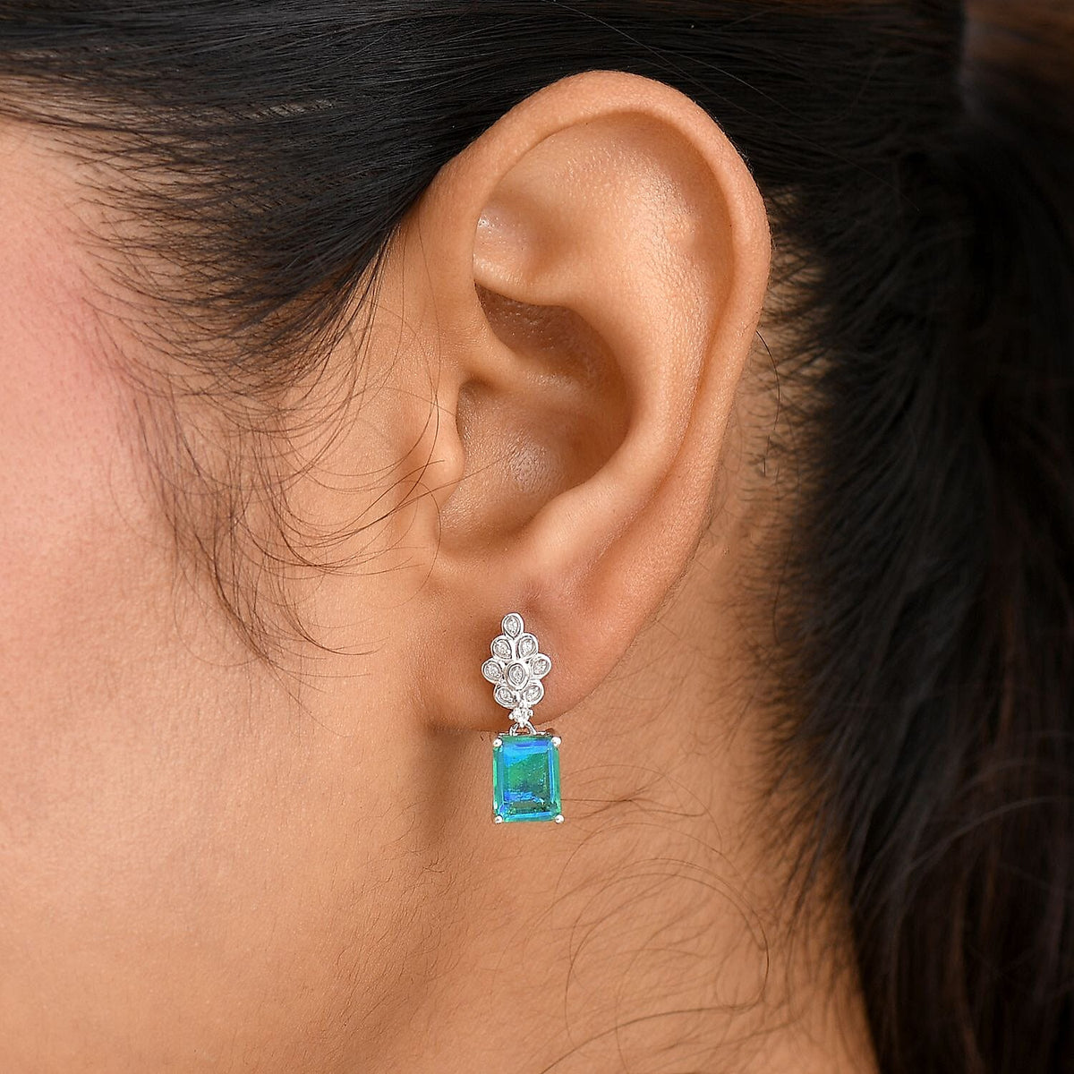 D'joy Peacock Triplet Quartz &amp; White Zircon Earring with Push Back in Rhodium Overlay Sterling Silver 4.17 Ct. 8188736 3
