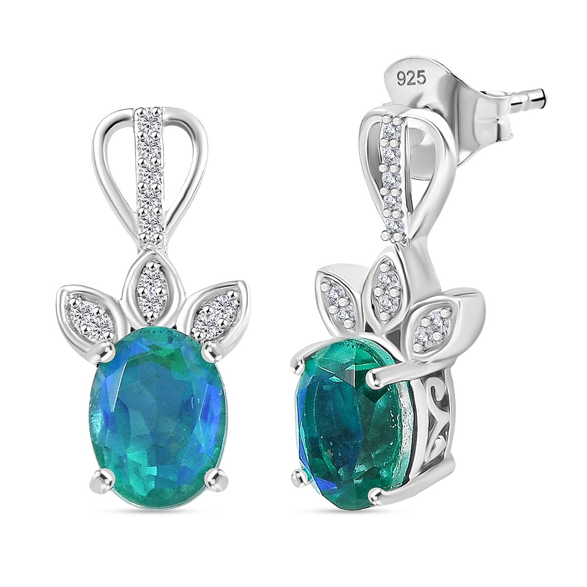 D'joy Peacock Triplet Quartz &amp; White Zircon Stud Push Post Earring in Rhodium Overlay Sterling Silver 3.10 Ct. 8192845 0