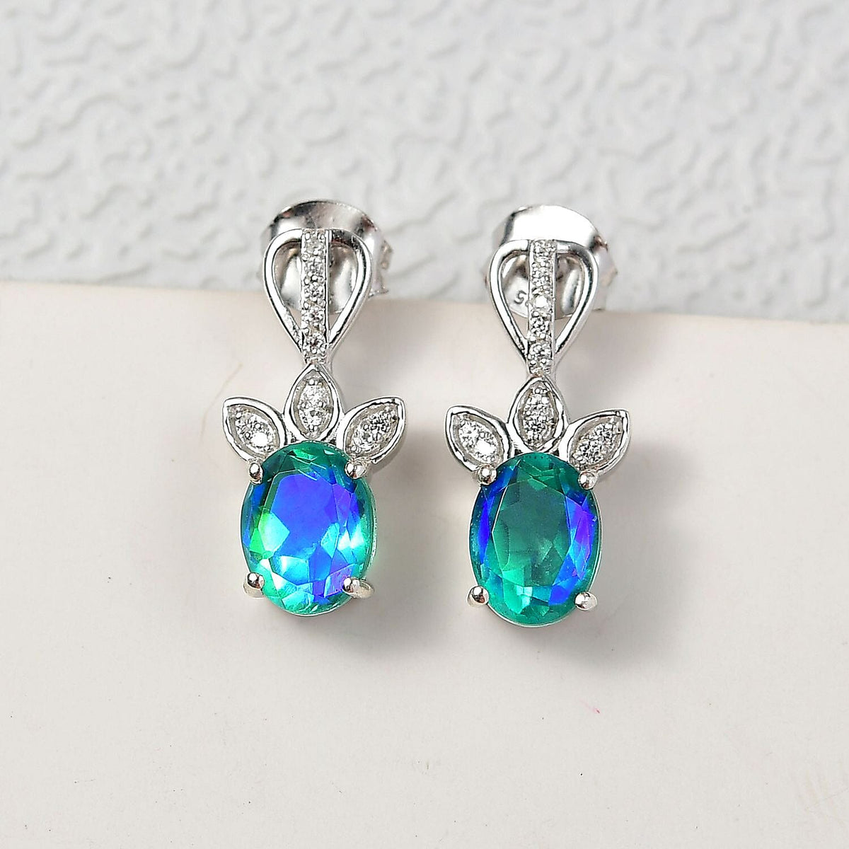 D'joy Peacock Triplet Quartz &amp; White Zircon Stud Push Post Earring in Rhodium Overlay Sterling Silver 3.10 Ct. 8192845 2