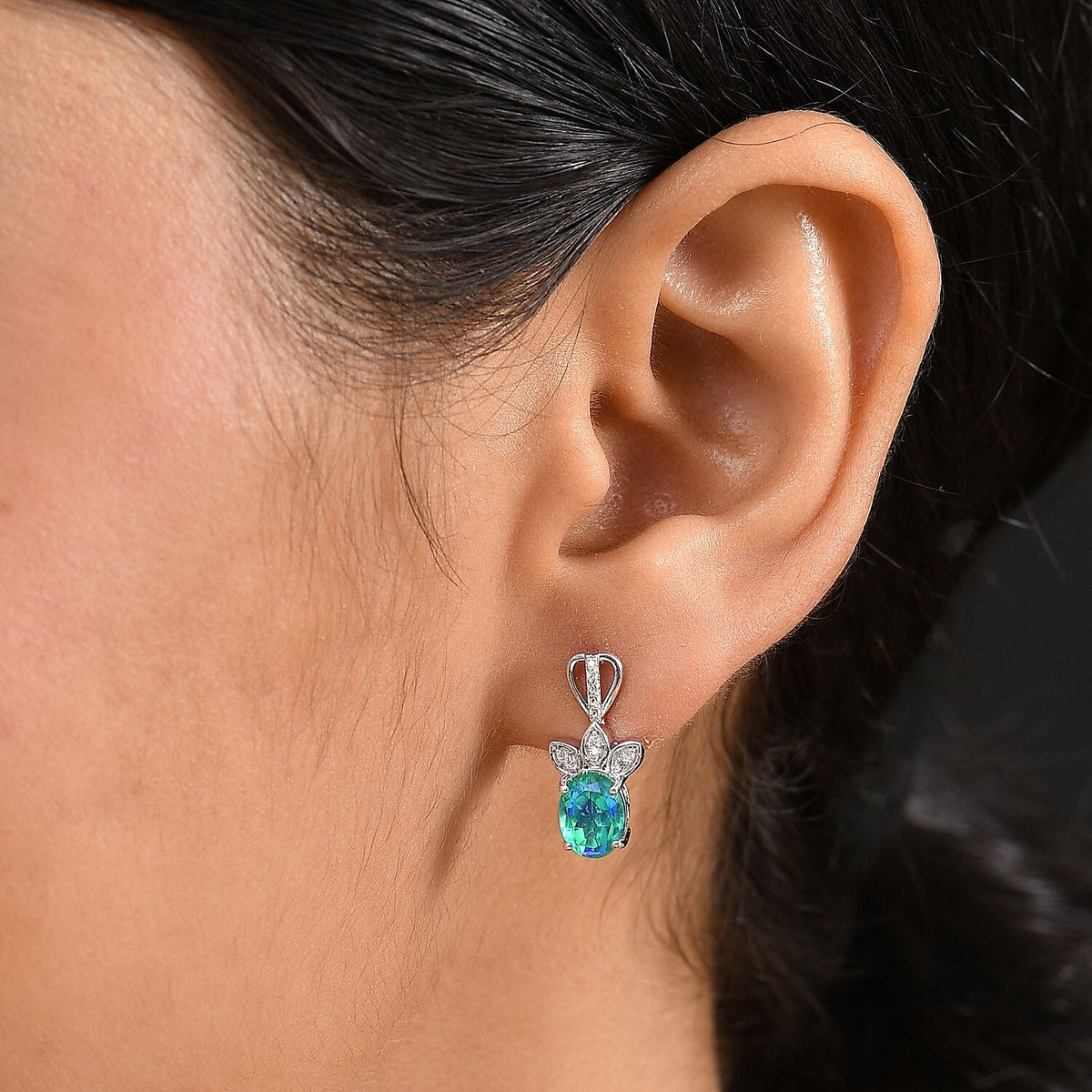 D'joy Peacock Triplet Quartz &amp; White Zircon Stud Push Post Earring in Rhodium Overlay Sterling Silver 3.10 Ct. 8192845 3