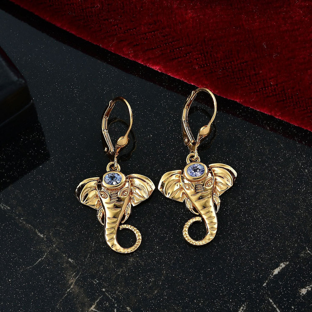 D'joy Tanzanite Elephant Earring with Lever Back in 18K Yellow Gold Plated Overlay Sterling Silver