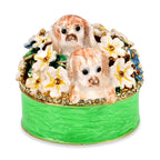 Hand Painted Dog Trinket Box Enamelled & Jewelled With Sparking Crystals - Green