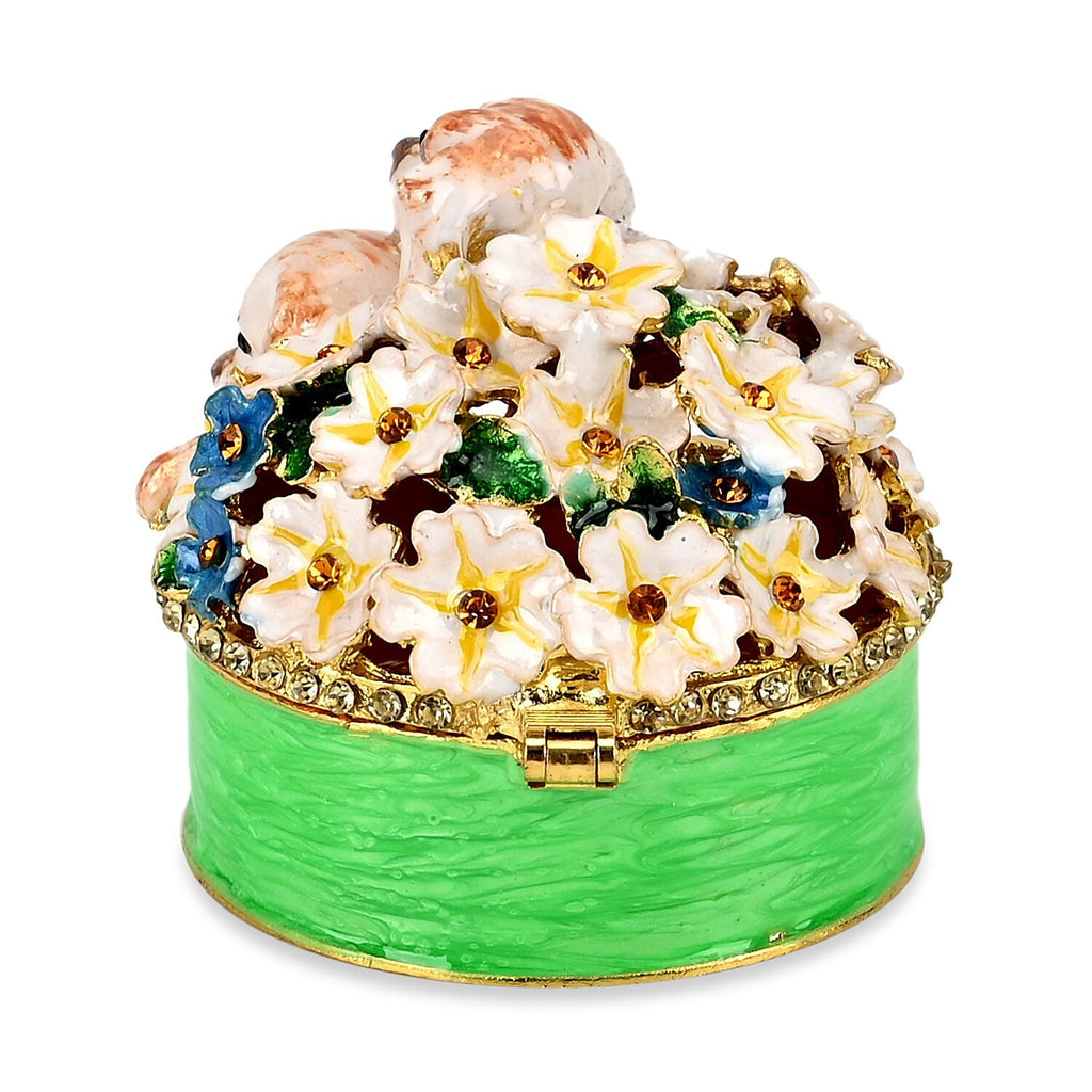 Hand Painted Dog Trinket Box Enamelled & Jewelled With Sparking Crystals - Green