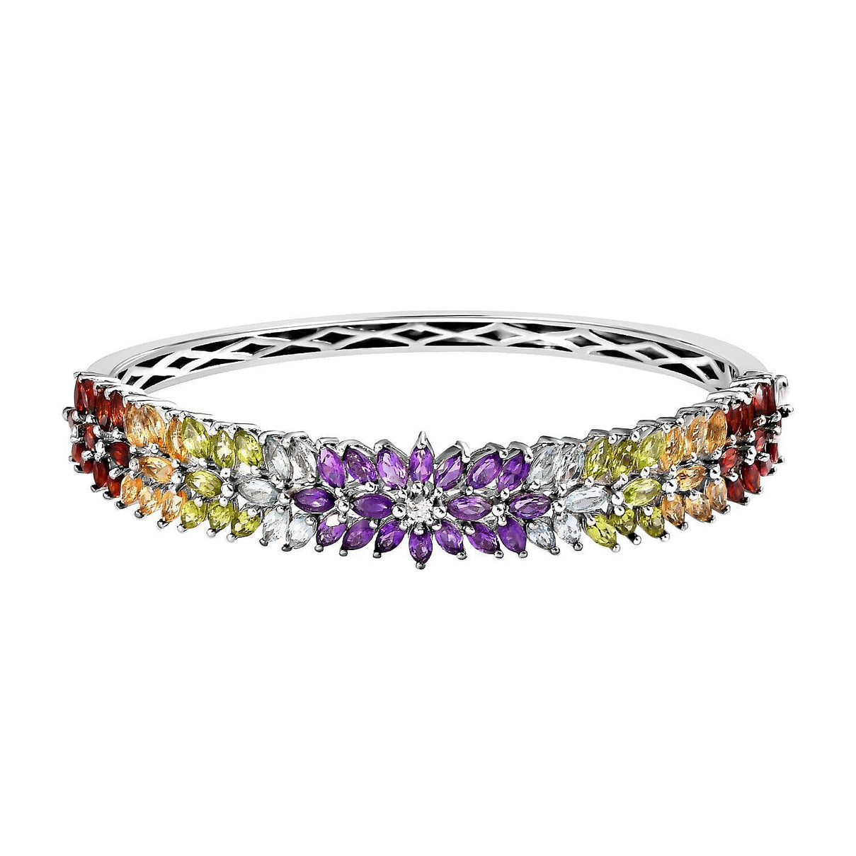 Amethyst and Multi Gemstone Bangle (Size 7.5) in Platinum Overlay Sterling Silver 11.78 Ct, Silver Wt. 23.00 Gms 7267741 0