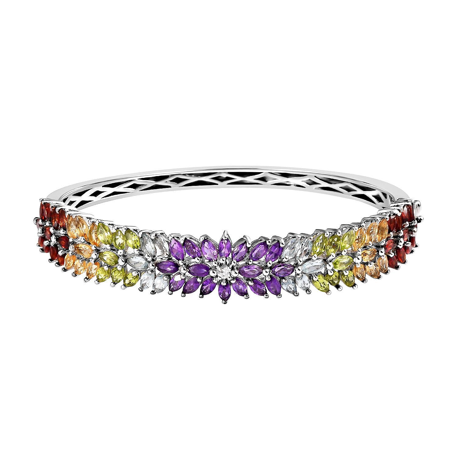 Amethyst and Multi Gemstone Bangle (Size 7.5) in Platinum Overlay Sterling Silver 11.78 Ct, Silver Wt. 23.00 Gms 7267741 0