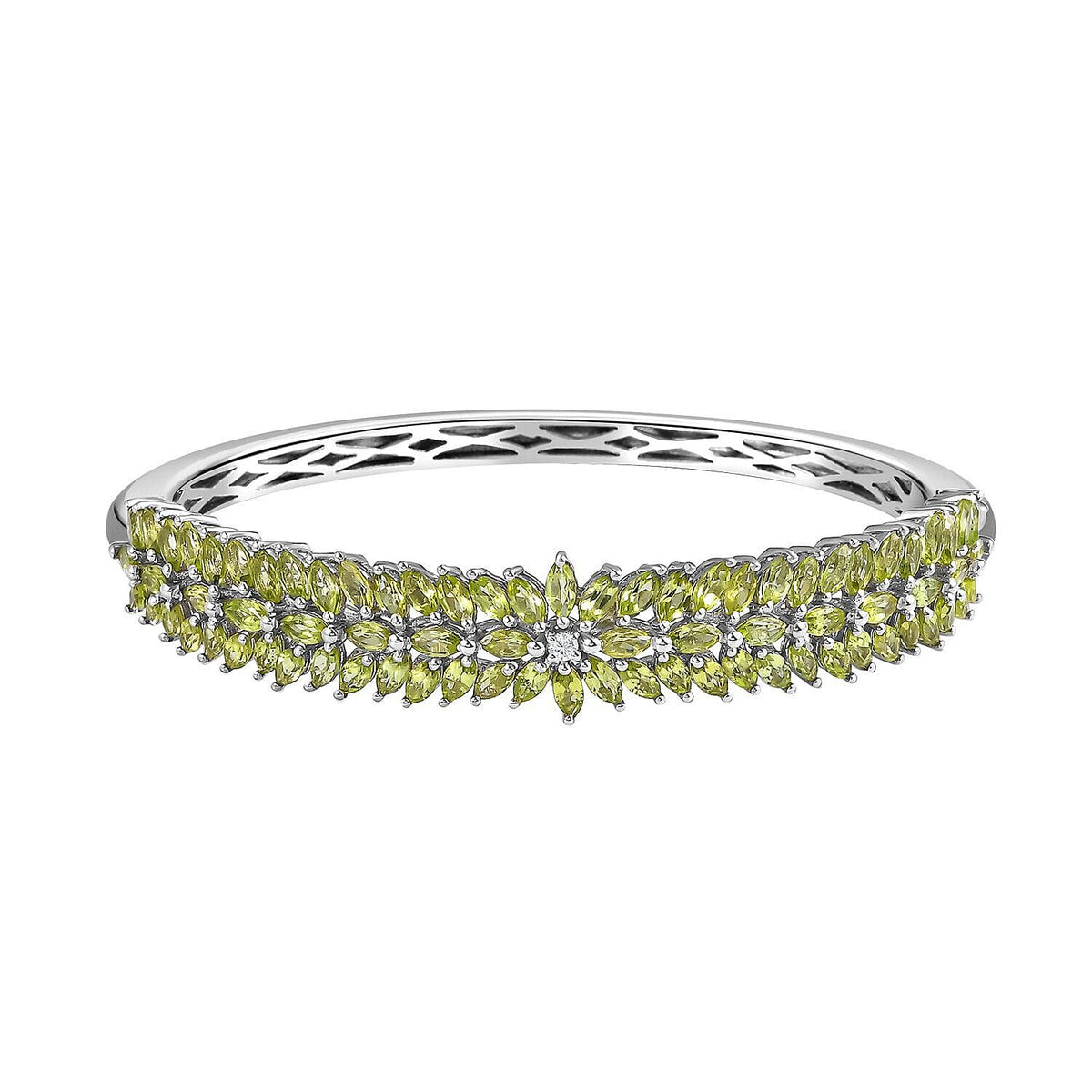 Hebei Peridot and Natural Zircon Bangle (Size - 7.5 ) in Platinum Overlay Sterling Silver 11.78 Ct, Silver Wt. 21.50 Gms 7258170 0