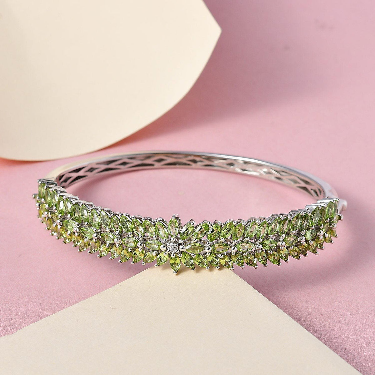 Hebei Peridot and Natural Zircon Bangle (Size - 7.5 ) in Platinum Overlay Sterling Silver 11.78 Ct, Silver Wt. 21.50 Gms 7258170 1
