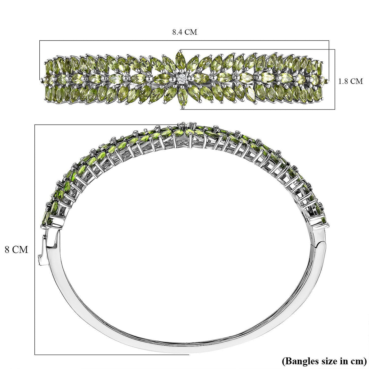 Hebei Peridot and Natural Zircon Bangle (Size - 7.5 ) in Platinum Overlay Sterling Silver 11.78 Ct, Silver Wt. 21.50 Gms 7258170 5