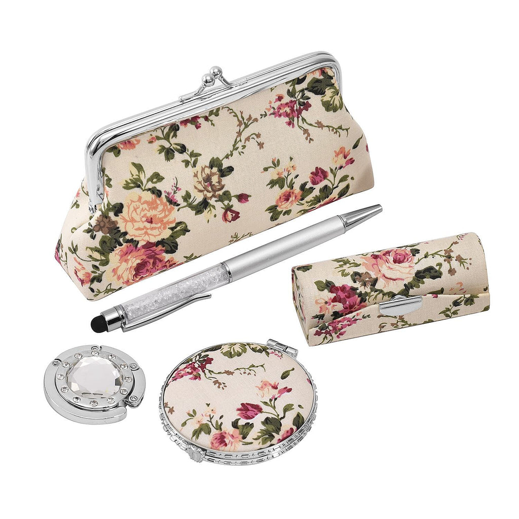 YUNYA CLOSE OUT 5pc Set - 1pc Compact Mirror-1pc Lipstick Case -1pc Coin Purse - 1pc Bag holder - 1pc Pen - Cream
