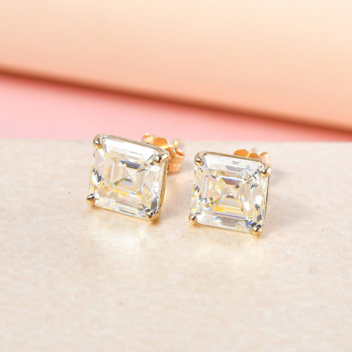 9K Yellow Gold Strontium Titanate (Asscher Cut) Stud Earrings (with Push Back) 5.00 Ct.Â  7262562 2