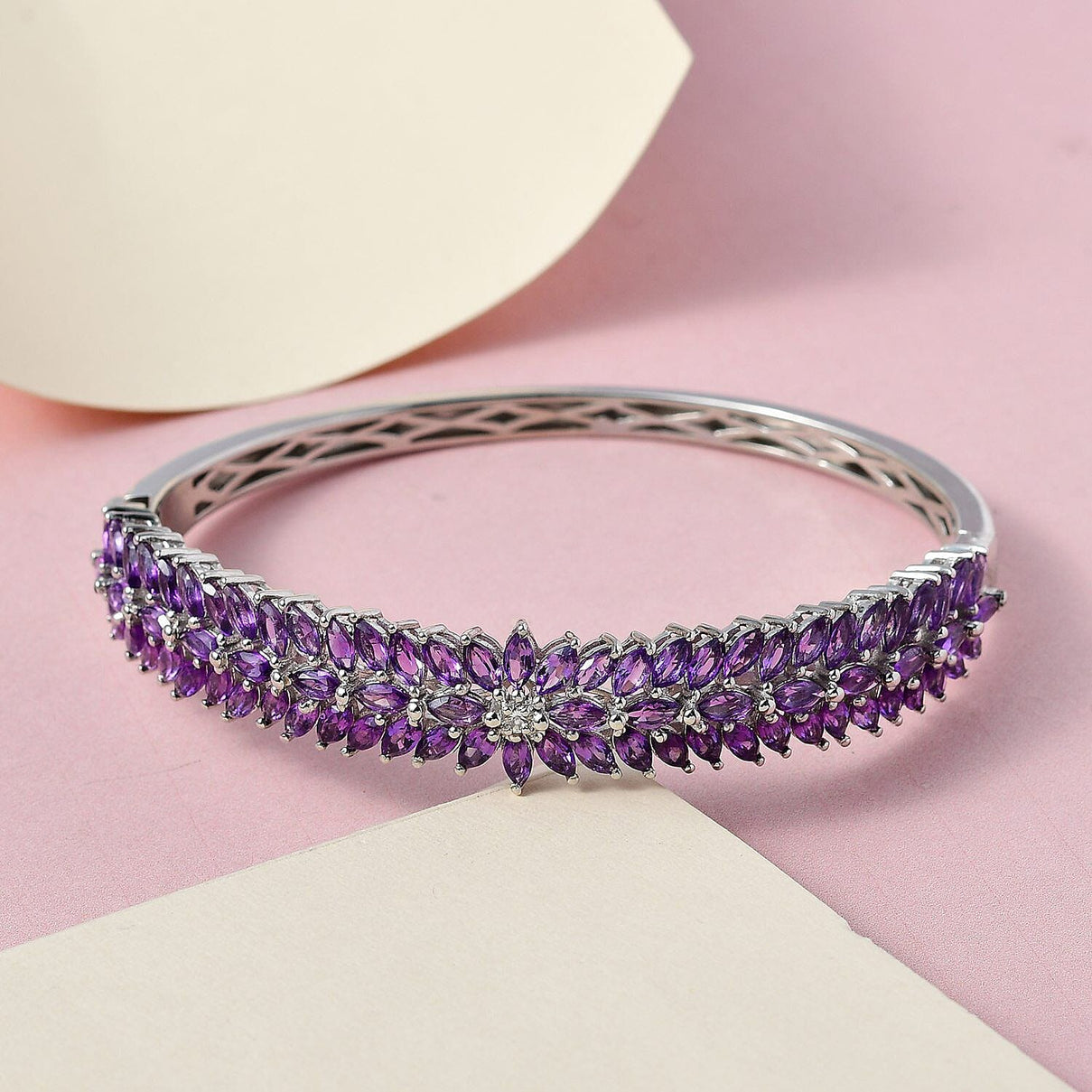 Amethyst and Natural Cambodian Zircon Bangle (Size 7.5) in Platinum Overlay Sterling Silver 11.780 Ct, Silver Wt. 21.50 GmsÂ  7258167 1