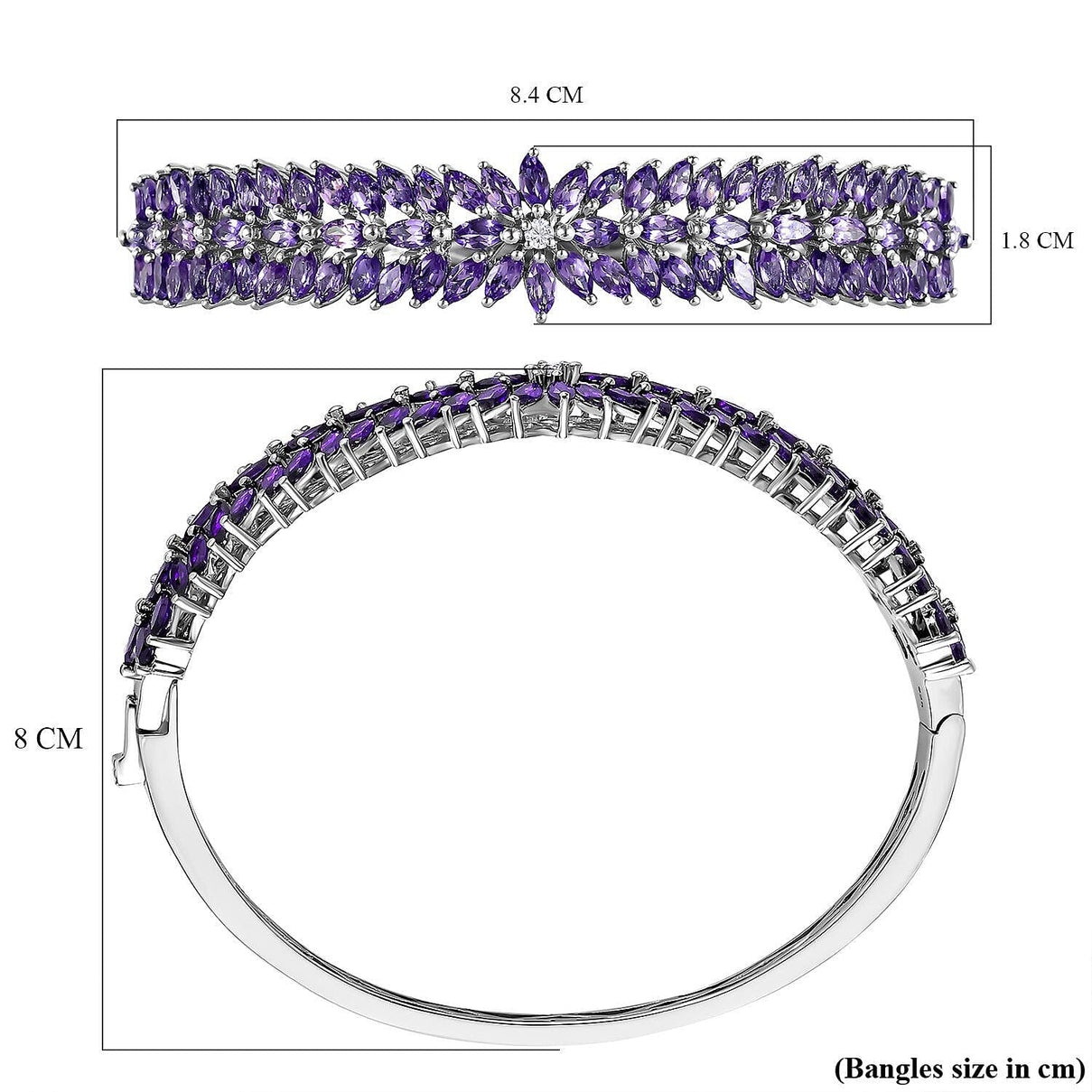 Amethyst and Natural Cambodian Zircon Bangle (Size 7.5) in Platinum Overlay Sterling Silver 11.780 Ct, Silver Wt. 21.50 GmsÂ  7258167 5