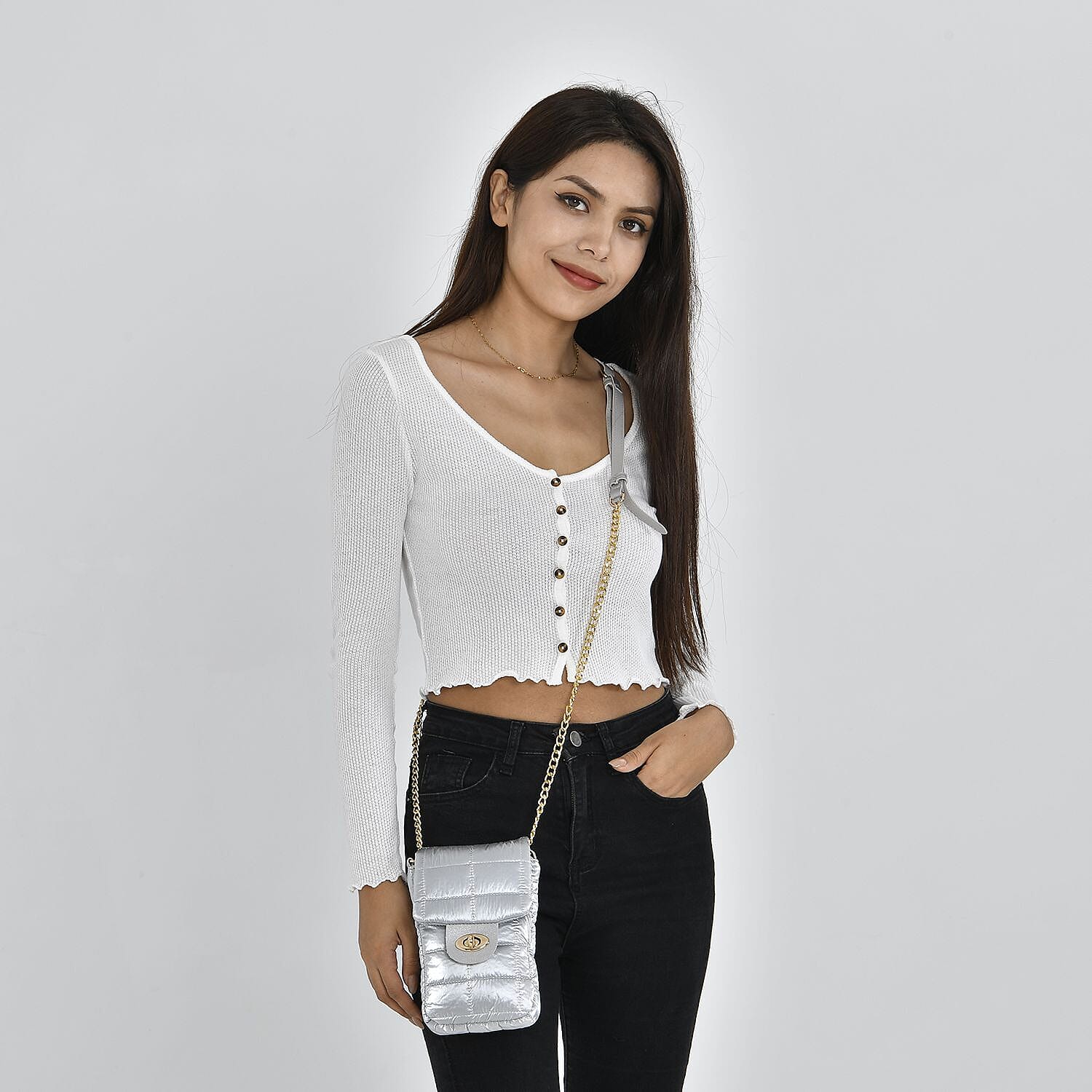 Quilted Pattern Puffy Crossbody Bag with RFID Protection - Silver 7163694 1