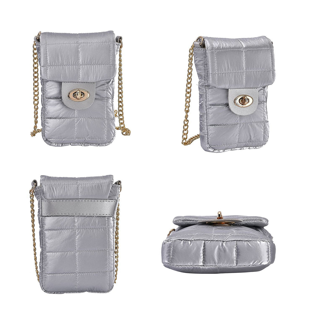 Quilted Pattern Puffy Crossbody Bag with RFID Protection - Silver 7163694 3