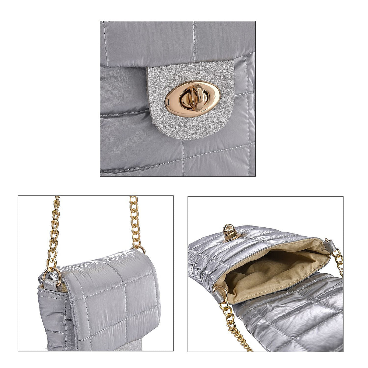 Quilted Pattern Puffy Crossbody Bag with RFID Protection - Silver 7163694 4