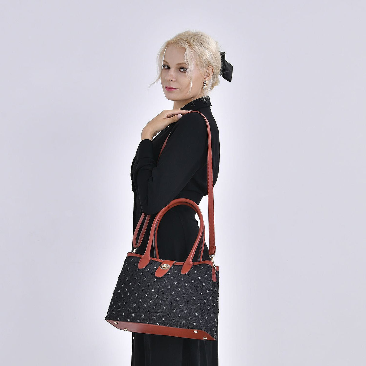 Dot Pattern Crossbody Bag With 2 Exterior Zipper Pockets &amp; Handle Drop - Black 7567680 2