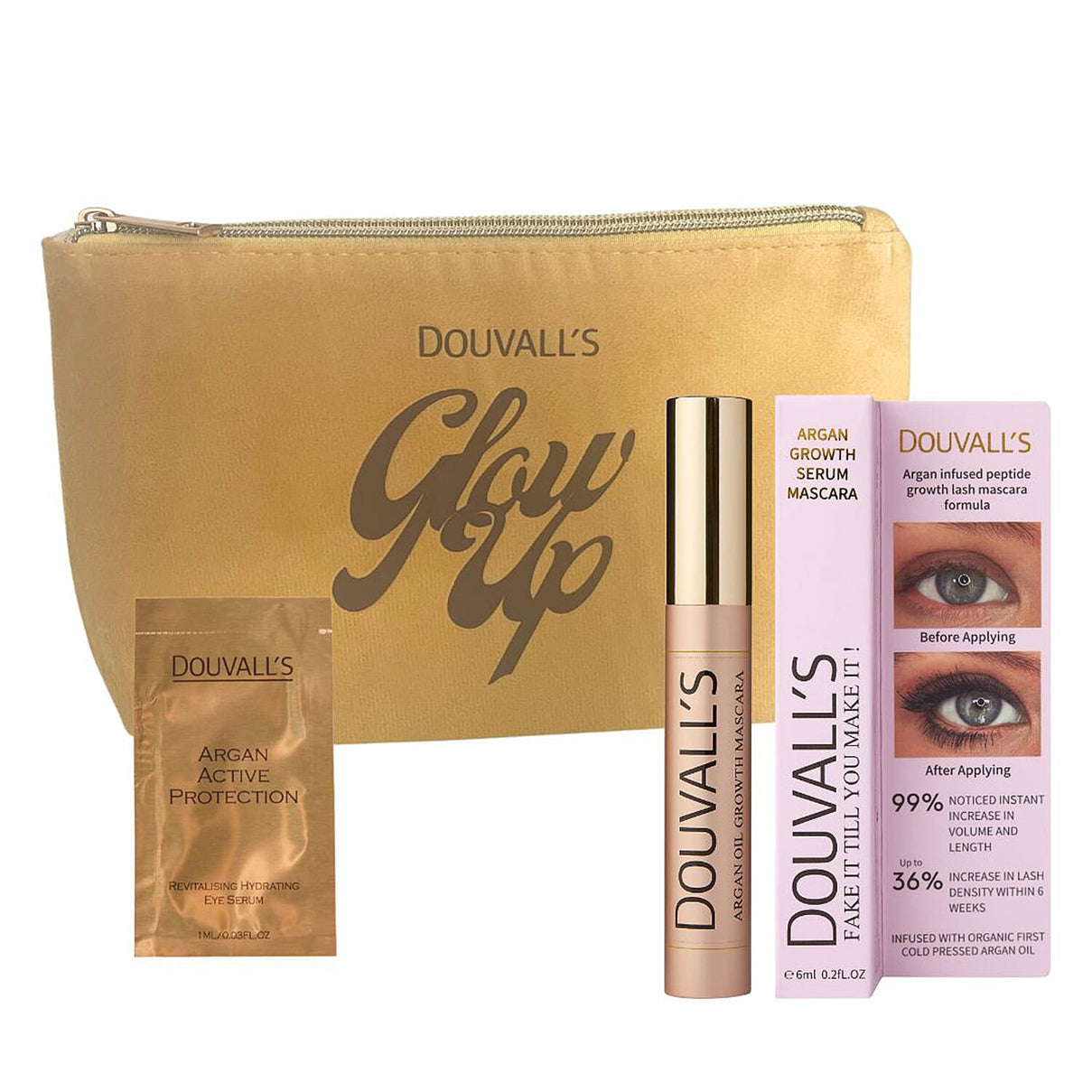 Douvalls Eyelash Growth Mascara, Eye Serum Sachet &amp; a Yellow Cosmetic Bag Bundle 8098858 0