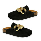 Down To Earth Ladies Footbed Flat Sandal With Chunky Gold Chain (Size - 6) - Black