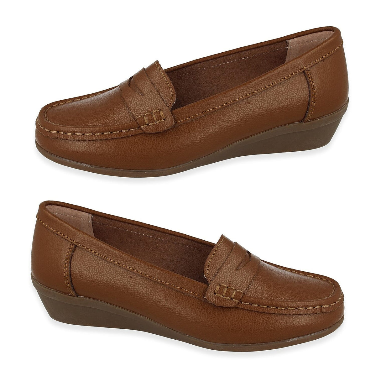 Down To Earth Womens Action Leather Wide Fit Comfort Wedge Loafers (Size 8) - Tan V32603343 0