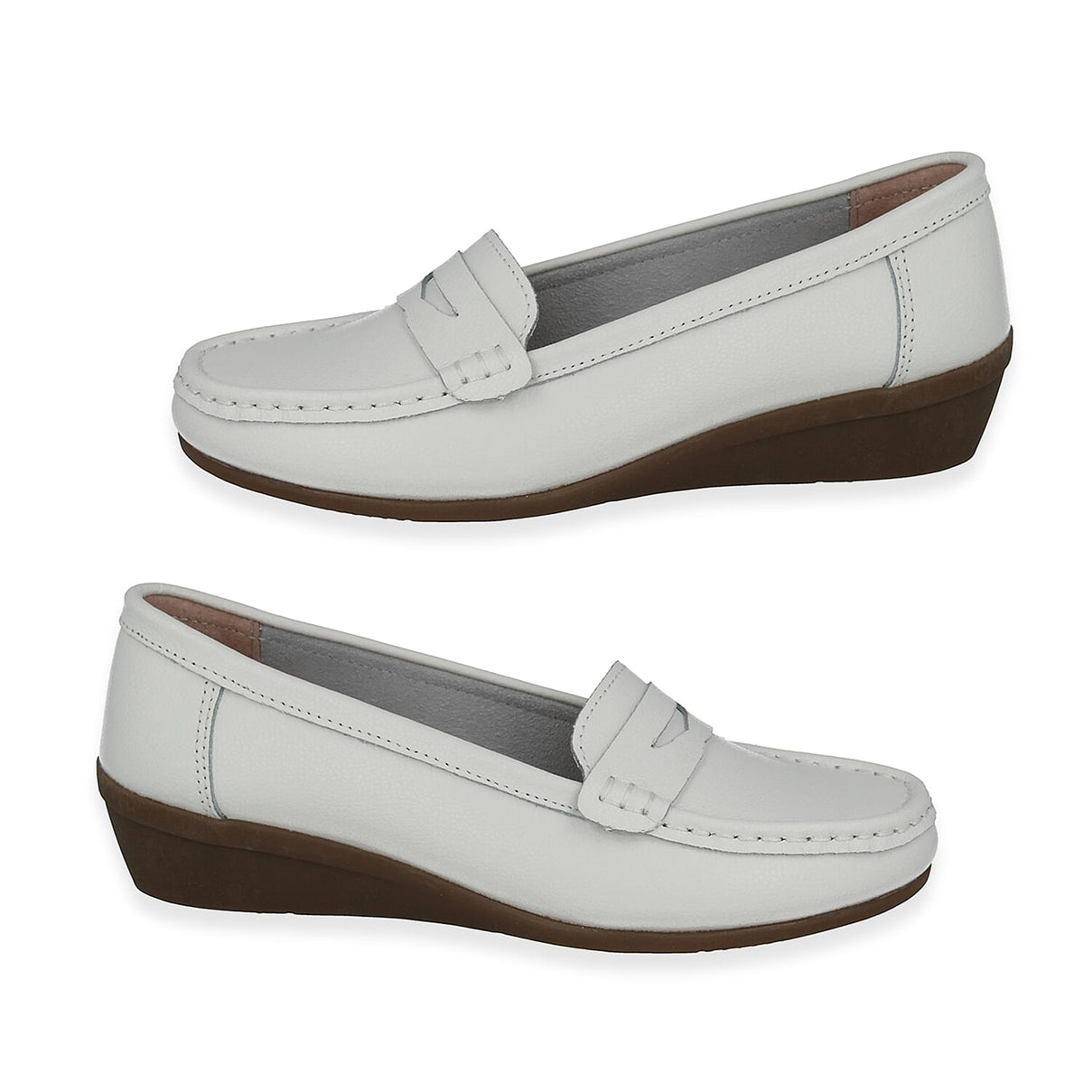 Down To Earth Womens Action Leather Wide Fit Comfort Wedge Loafers (Size 6) - White 8512833 0