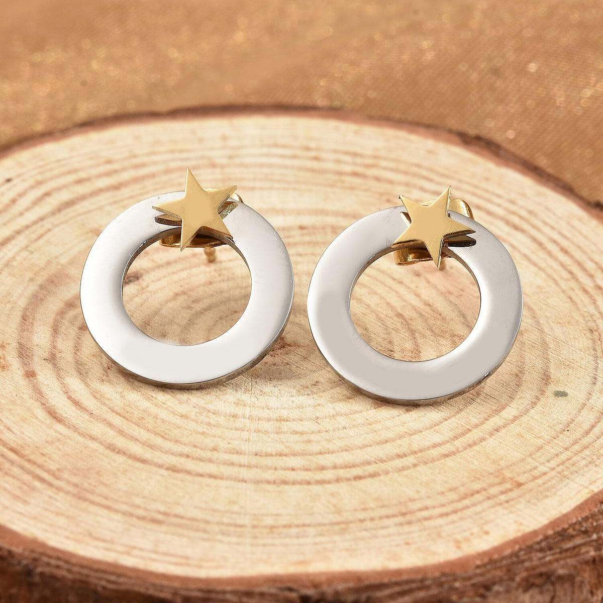 Dual Tone Round and Star Charm Earrings with Push Backs in Yellow and White Gold Tone 6368949 1