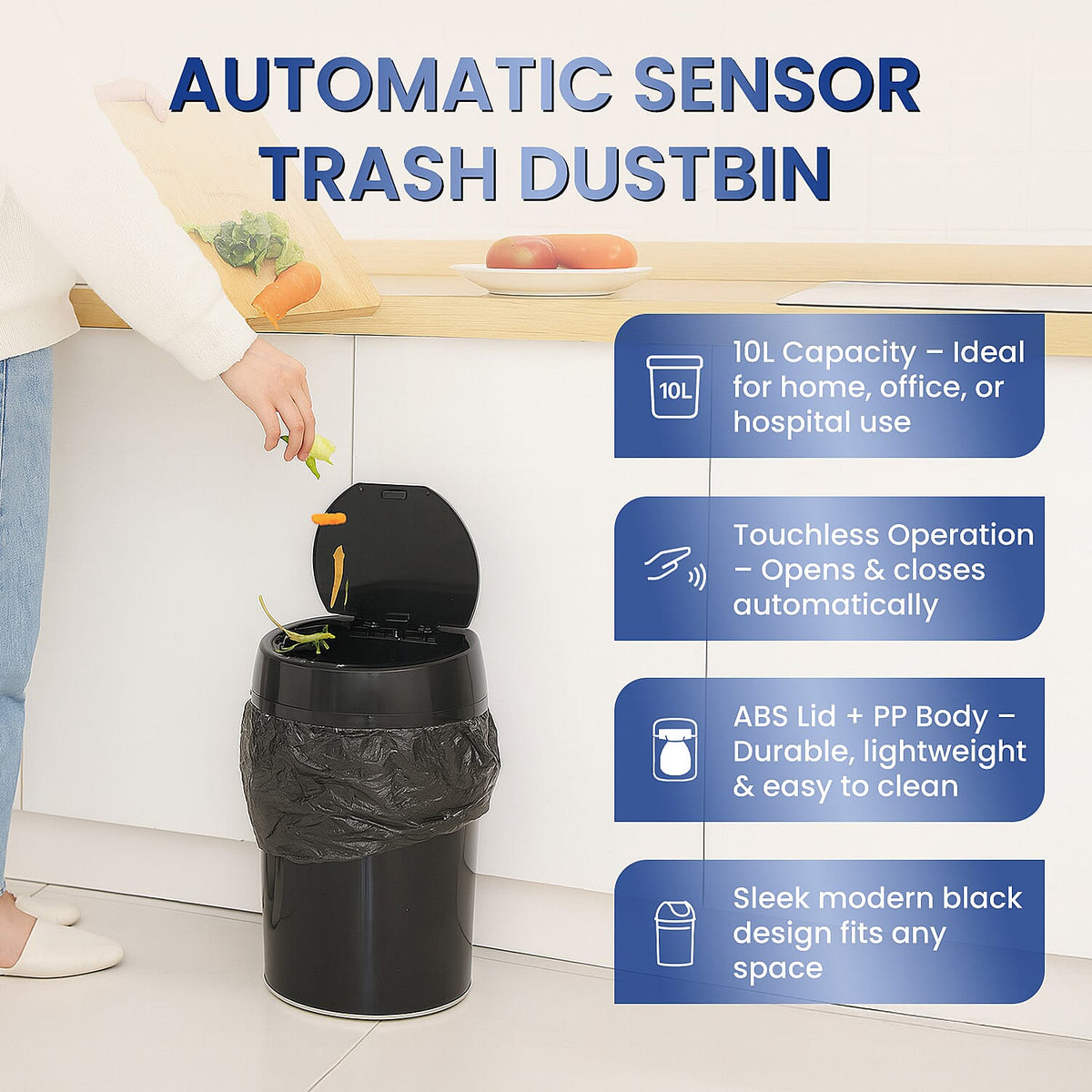 Touchless Sensor Trash Bin 10L with Auto Lid &amp; Bag Holder (10L) 8050406 2
