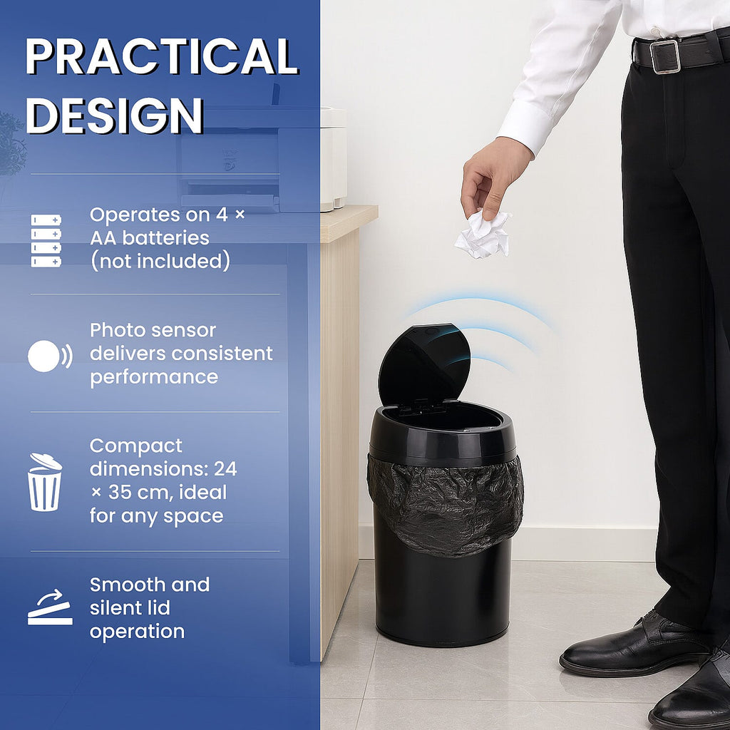Sensor Smart Trash Can - 10L Automatic Dustbin with ABS Lid & PP Body - Black