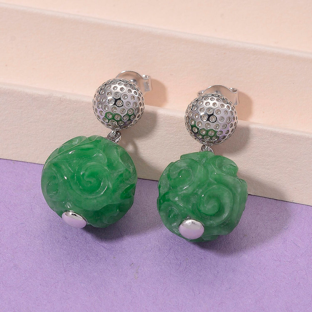 Enhanced Green Jade Dangling Earring with Push Back in Rhodium Overlay Sterling Silver 35.70 Ct. 8147721 2