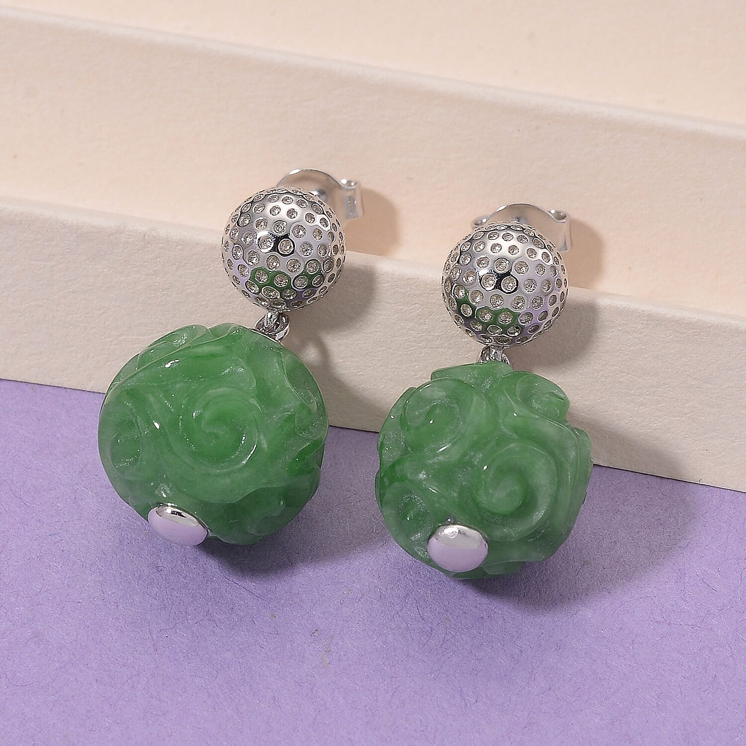 Enhanced Green Jade Dangling Earring with Push Back in Rhodium Overlay Sterling Silver 35.70 Ct. 8147721 2