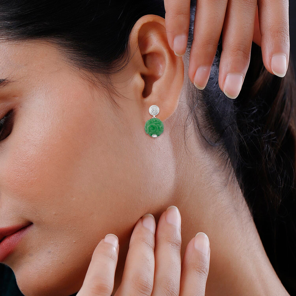 Enhanced Green Jade Dangling Earring with Push Back in Rhodium Overlay Sterling Silver 35.70 Ct. 8147721 3