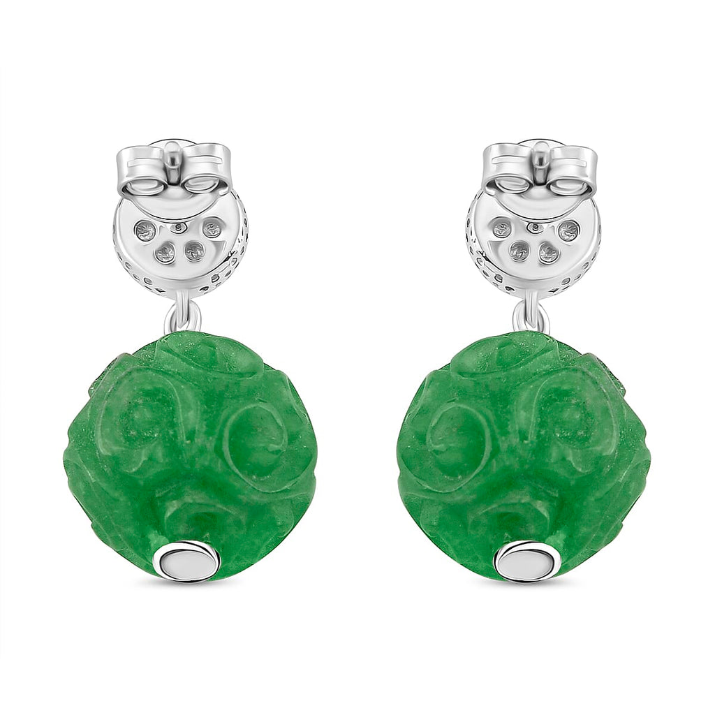 Green Jade Dangling Earring with Push Back in Rhodium Overlay Sterling Silver 35.70 Ct.