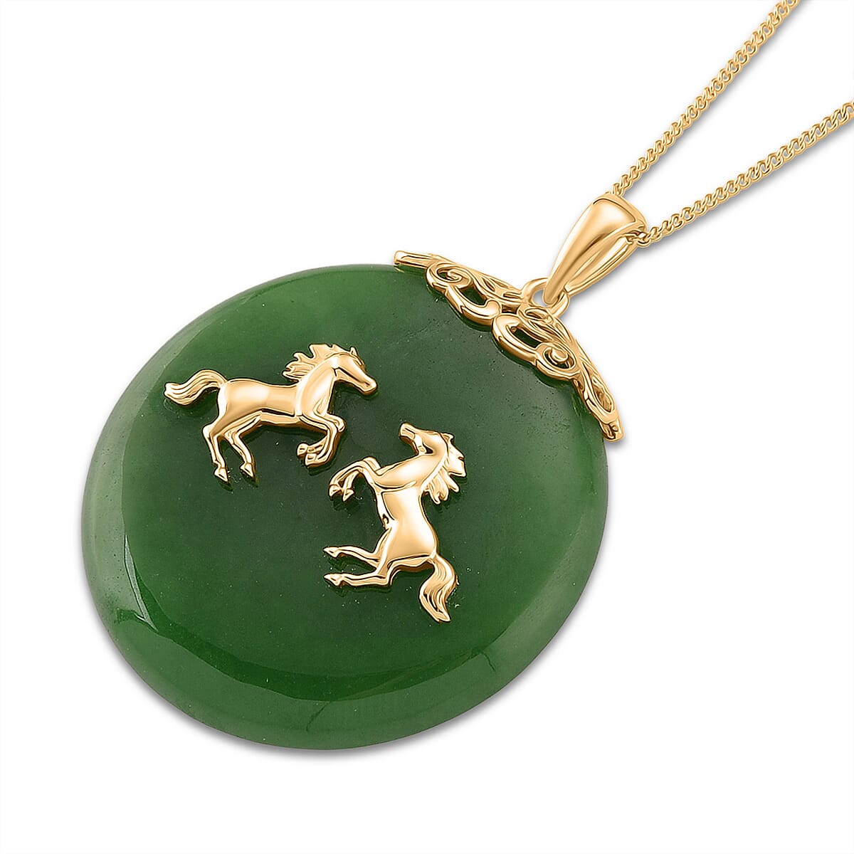 JARDIN COLLECTION - Green Jadeite Horse Pendant with Chain (Size 18) in Yellow Gold Plated Sterling Silver 65.00 Ct. V32755963 4