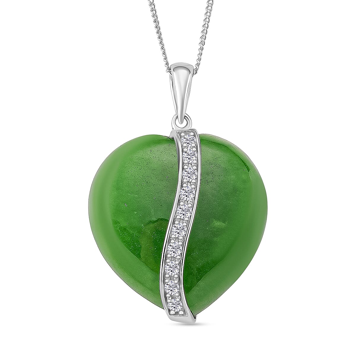 Enhanced Green Jade and Moissanite Heart Pendant with Chain (Size 18) with Lobster Clasp in Rhodium Overlay Sterling Silver 67.70 Ct. 4379132 0